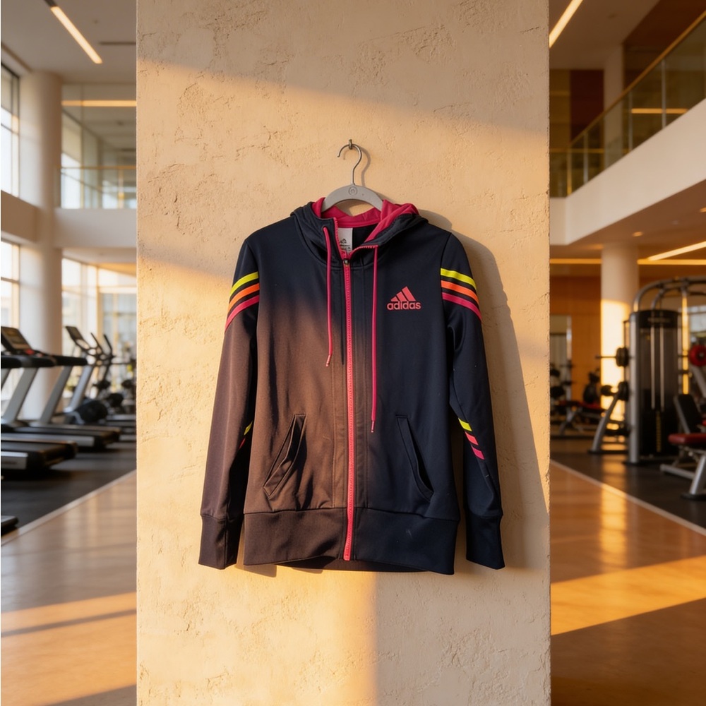 adidas Black Hoodie with Neon Pink and Yellow Accents